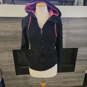 Bench Black & Pink Full-Zip Hoodie | Thumbhole Cuffs | Large